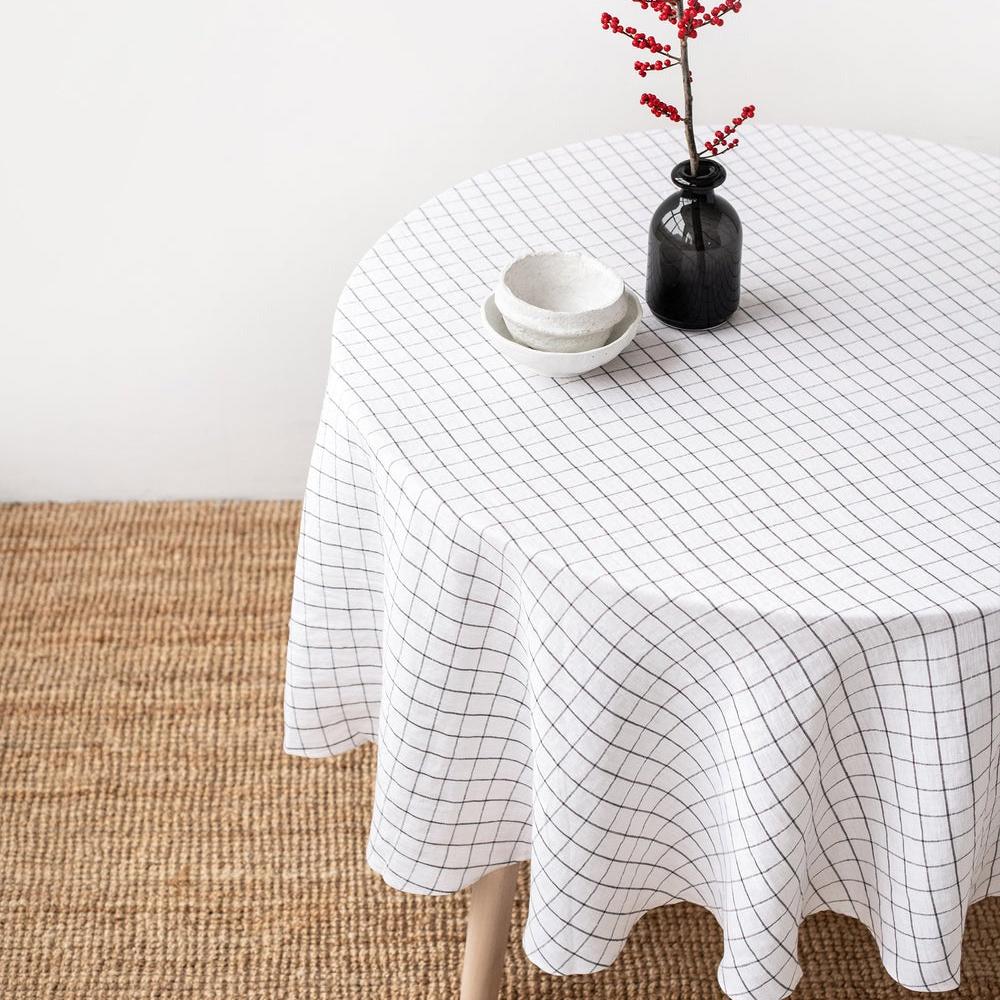 Magic Linen, Nappe ronde en lin - Charcoal Grid