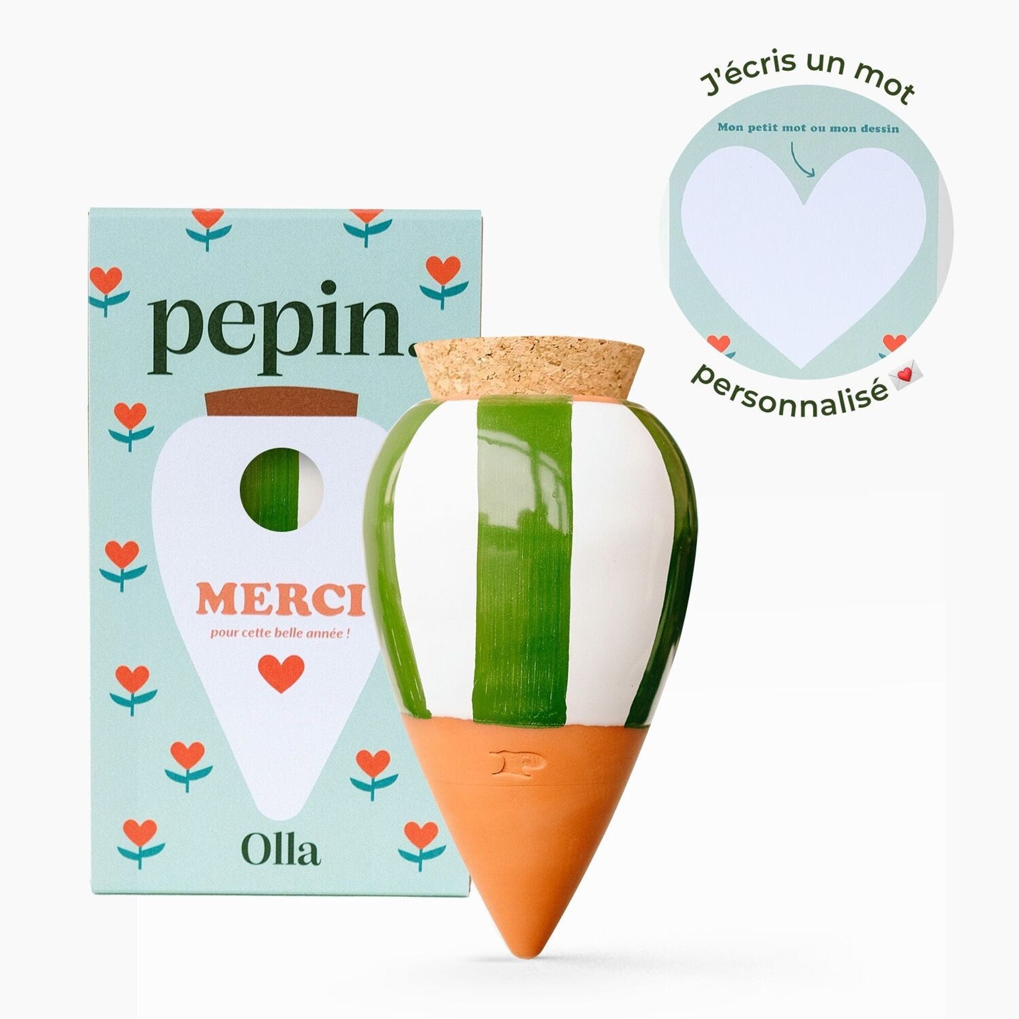 Pépin, Réservoir d'eau Olla - "Merci" Rayé vert et blanc